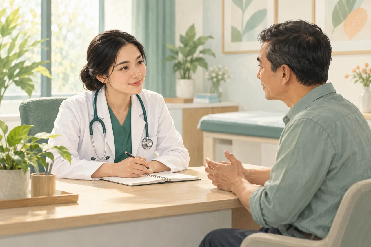 Bác sĩ trao đổi cùng người trưởng thành về chăm sóc sức khỏe