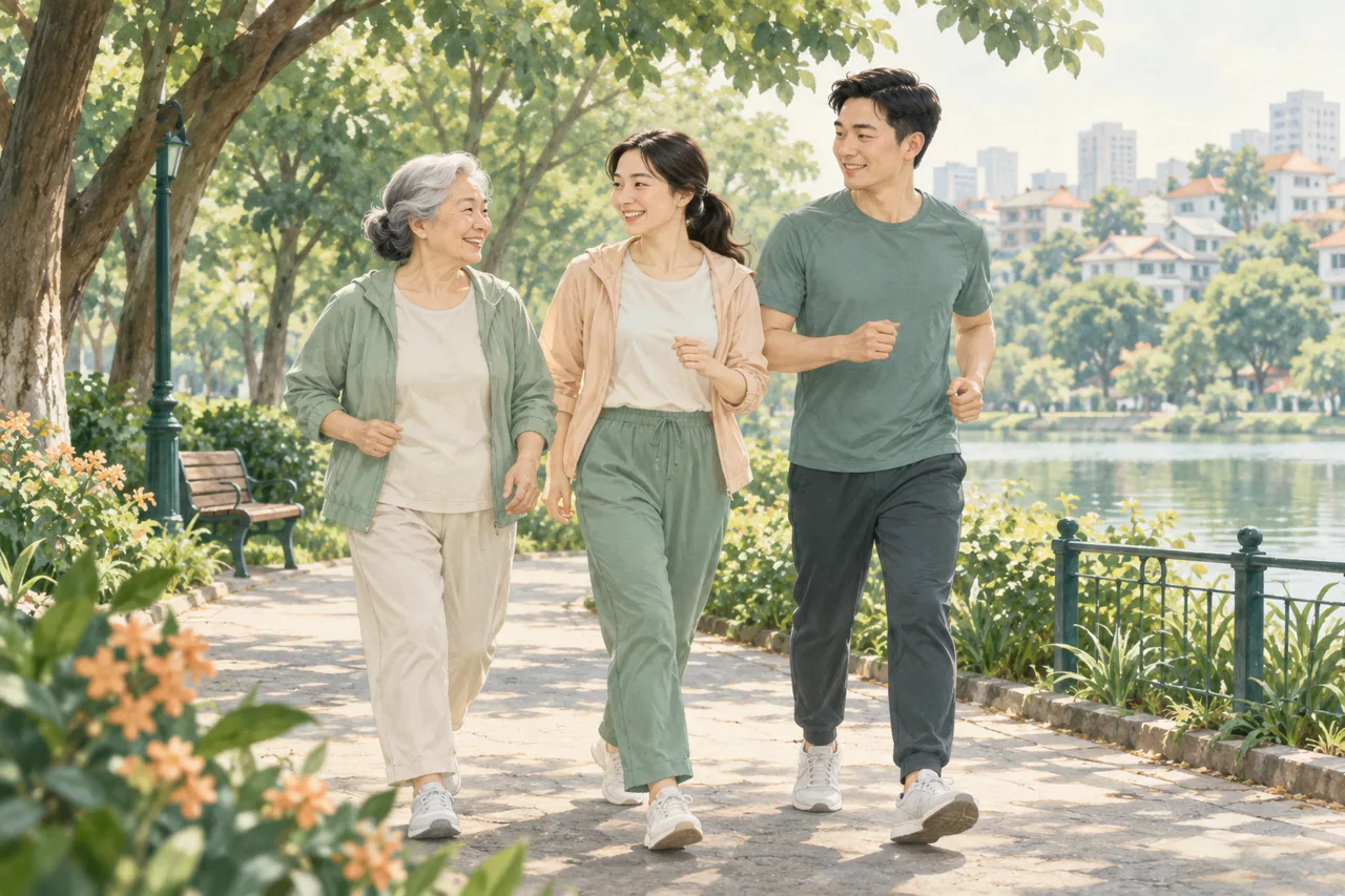 Gia đình nhiều thế hệ đi bộ trong công viên