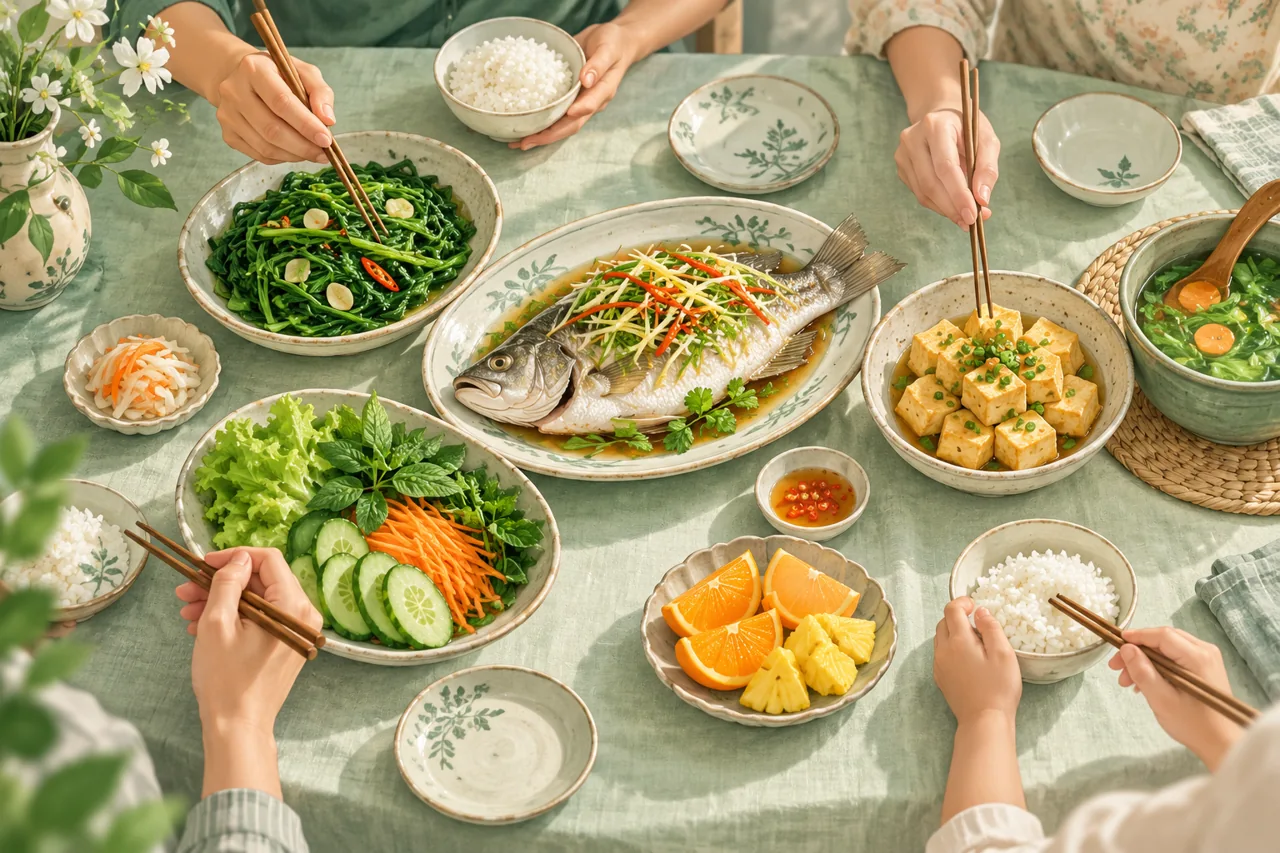 Bữa cơm Việt với cá, rau xanh, đậu và trái cây