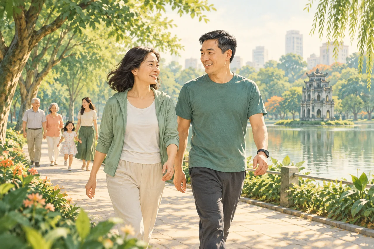 Người trưởng thành đi bộ trong công viên Việt Nam